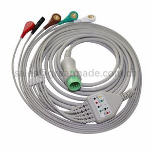 Compatible Mindray T5 T6 ECG Cable leadwires set , 5-Lead,Snap, AHA, 12ft , Round 12PIN .
